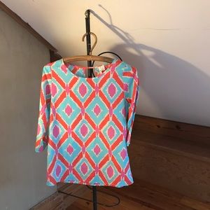 Miami Teal Red Pink 3/4 Length Sleeve Top, EUC, S